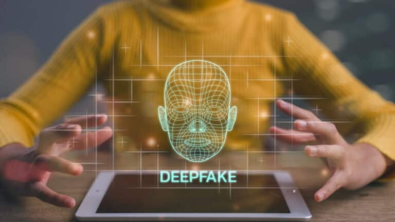 Image is of a tablet displaying an AI generated facial image, representing how manipulated media raises legal issues and when deepfake images illegal under Washington D.C. regulations.
