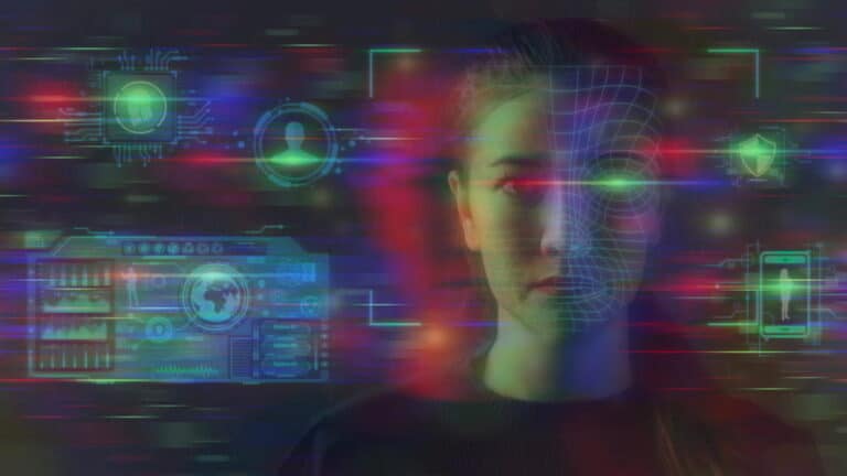 Image is of artificial intelligence graphics and a digital human profile, symbolizing AI image abuse through deepfake creation and automated image manipulation