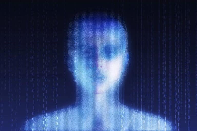 Image is of a digital human face formed with code, representing AI image manipulation and identity distortion in online environments