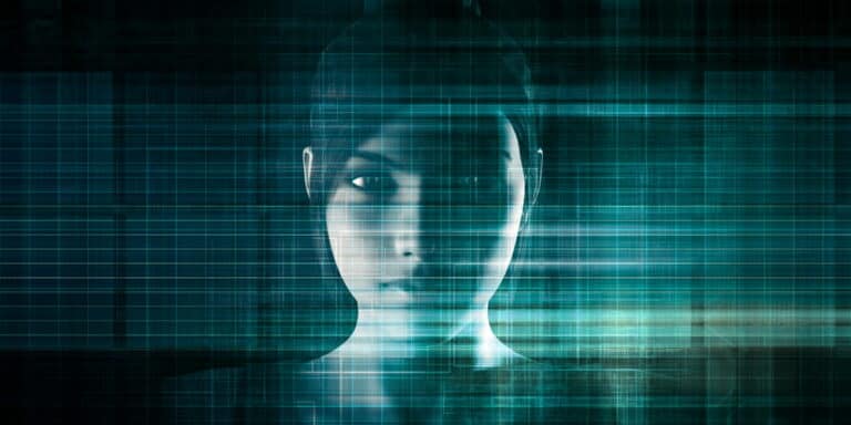 Image is of a distorted human face with digital glitches representing identity manipulation and image abuse in Nashville