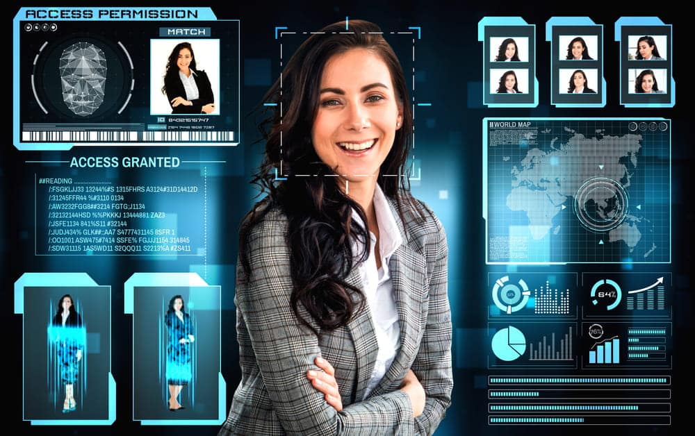 Image is of a woman scanned by facial recognition software, concept of AI image abuse and digital identity misuse