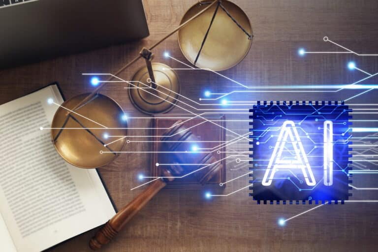 Image is of a judge's gavel, legal scales, and artificial intelligence technology graphics, concept of AI harassment and the civil liability issues that may arise from AI-generated conduct or content.