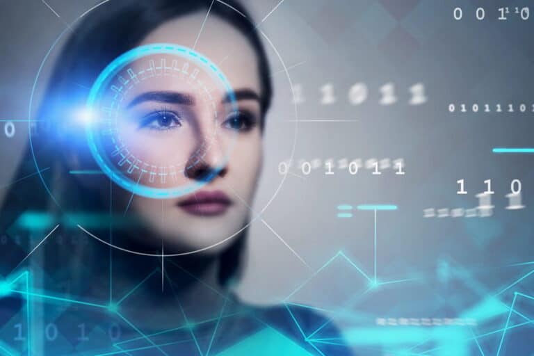 Image is of a woman viewed through facial scanning technology, concept of deepfake images and digital identity concerns under Kentucky law.