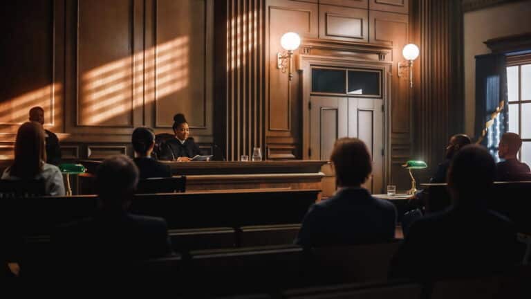 Image is of a judge presiding over a courtroom, representing a civil case going to trial in Louisville.